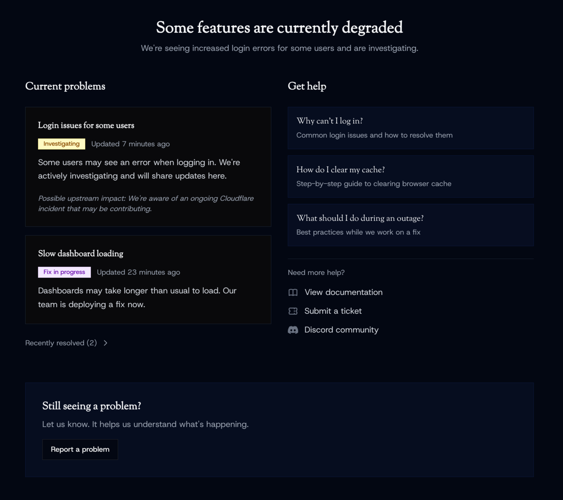 Obsession status page showing active problems and system status